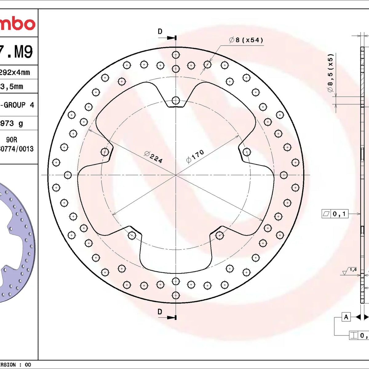 Brembo Serie Oro voorremschijf 292 x 4,0 mm 68B407M9