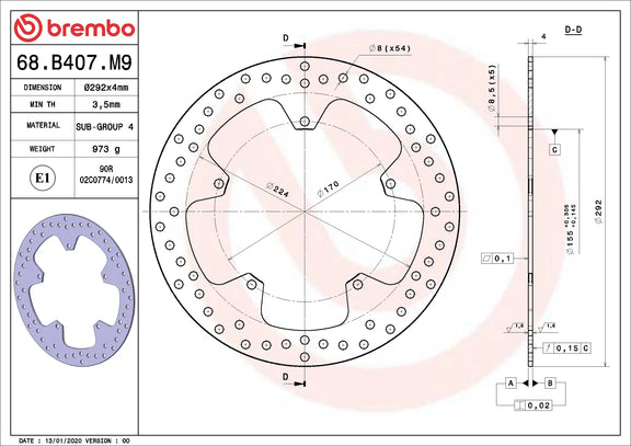 Brembo Serie Oro voorremschijf 292 x 4,0 mm 68B407M9