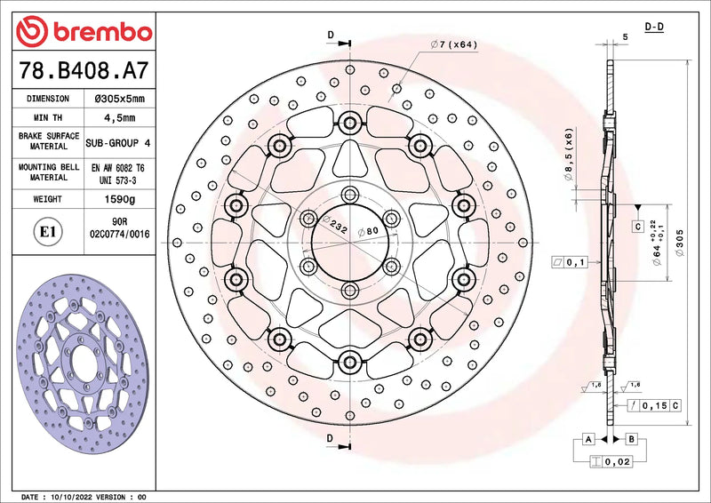 Brembo Serie Oro voorremschijf 305 x 5,0 mm 78B408A7