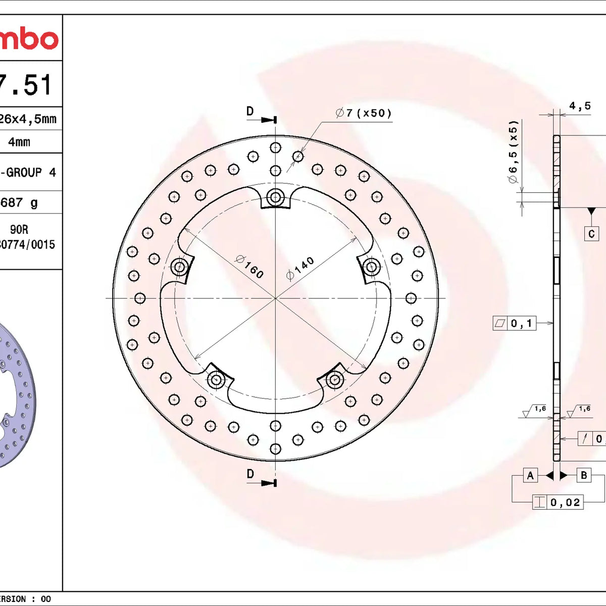 Brembo Serie Oro achterremschijf 226 x 4,5 mm 68B40751