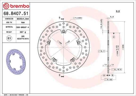 Brembo Serie Oro achterremschijf 226 x 4,5 mm 68B40751