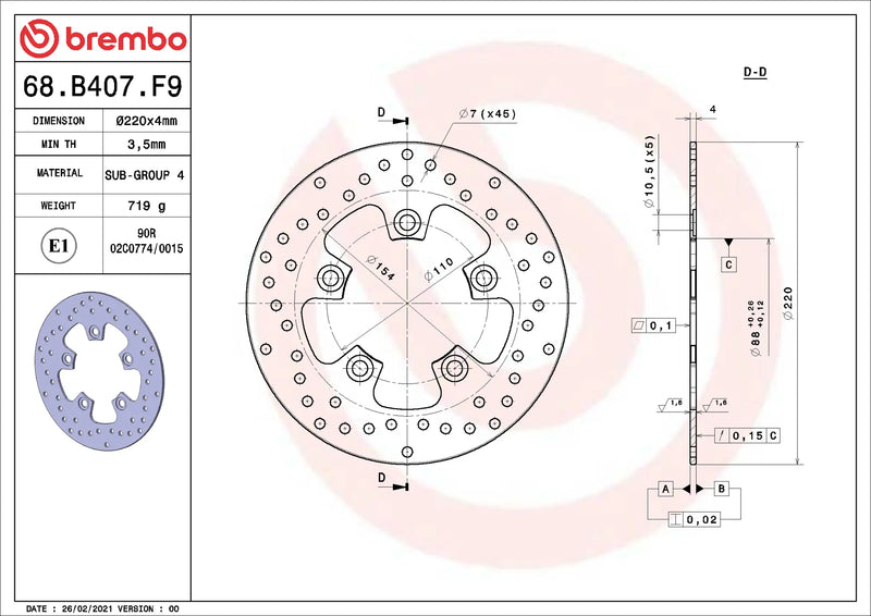 Brembo Serie Oro voorremschijf 220 x 4,0 mm 68B407F9