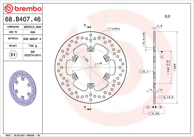 Brembo Serie Oro achterremschijf 220 x 4,5 mm Kawasaki 68B40746