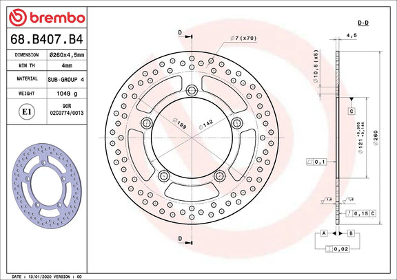 Brembo Serie Oro voorremschijf 260 x 4,5 mm Suzuki 68B407B4