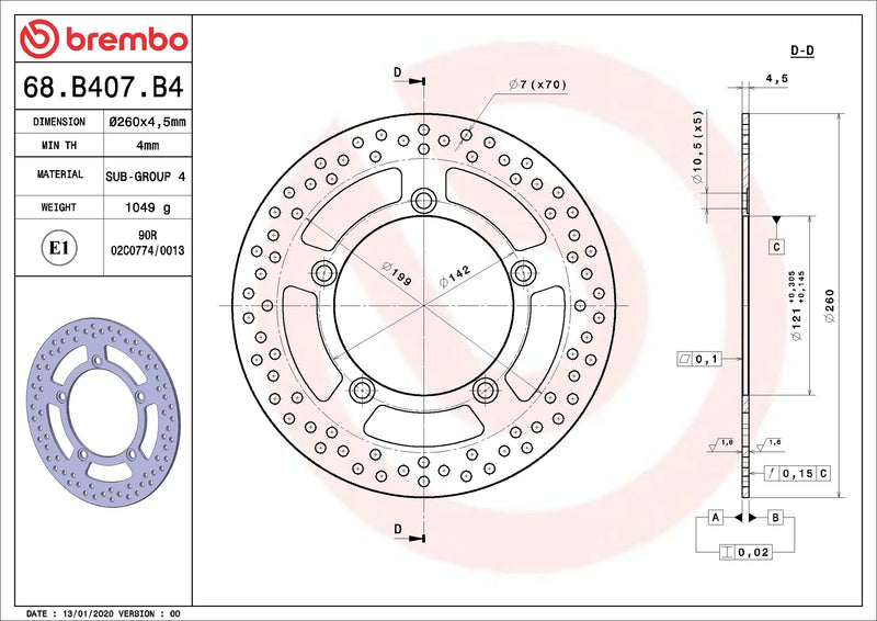 Brembo Serie Oro voorremschijf 260 x 4,5 mm Suzuki 68B407B4