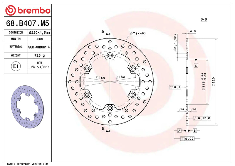 Brembo Serie Oro remschijf 220 x 4,5 mm 68B407M5
