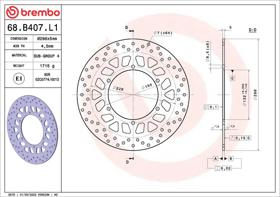 Brembo Serie Oro voorremschijf 298 x 5,0 mm Yamaha SR400 2014-2019