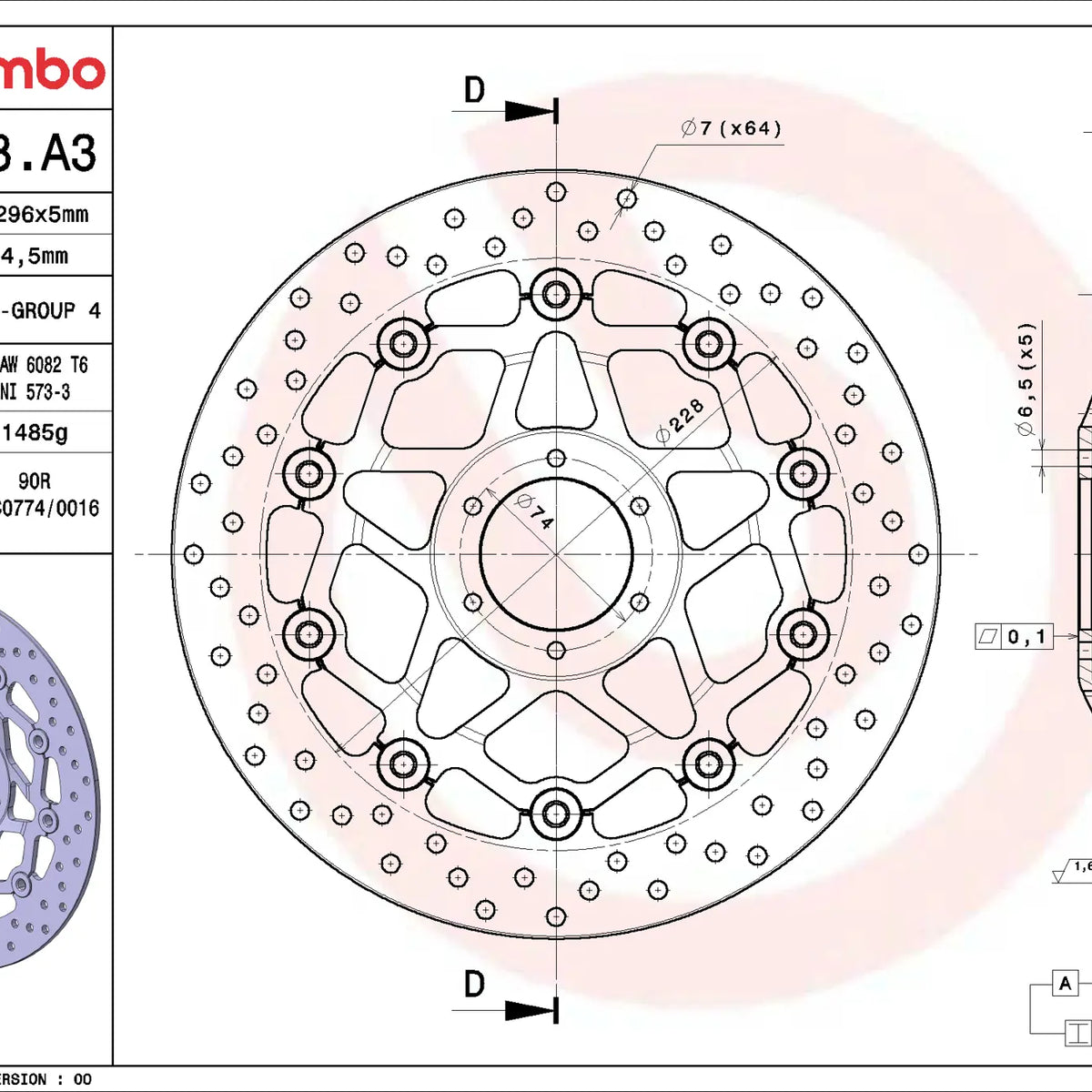 Brembo Serie Oro voorremschijf 296 x 5,0 mm Honda 78B408A3