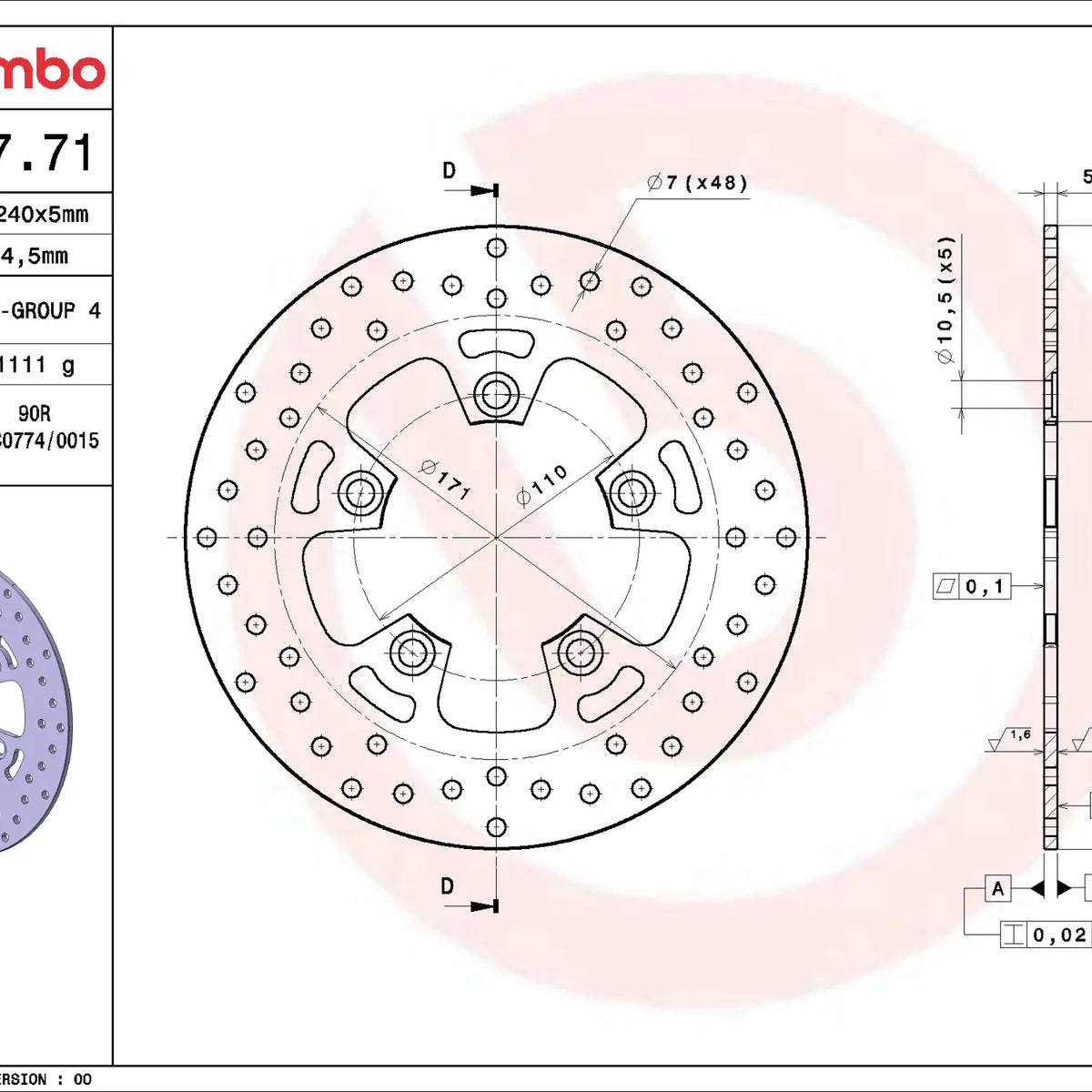 Brembo Serie Oro remschijf 240 x 5,0 mm 68B40771
