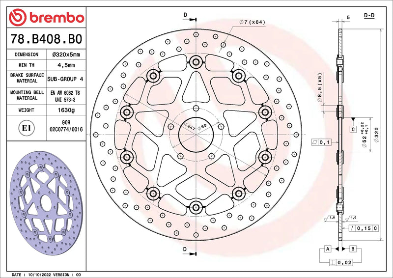 Brembo Serie Oro voorremschijf 320 x 5,0 mm 78B408B0