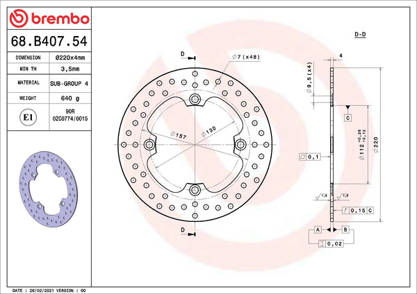 Brembo Serie Oro achterremschijf 220 x 4,0 mm Husqvarna 68B40754