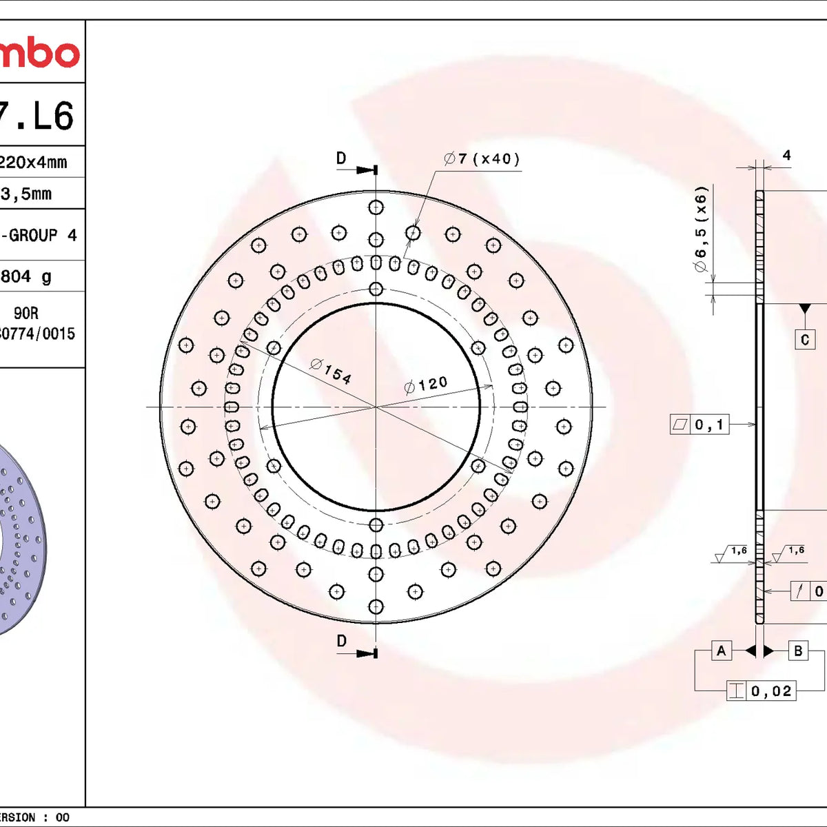 Brembo Serie Oro achterremschijf 220 x 4,0 mm 68B407L6