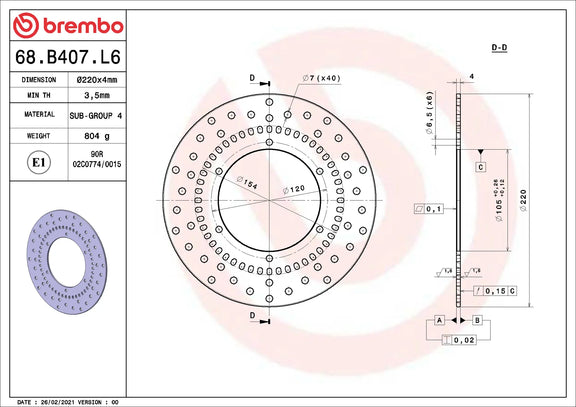 Brembo Serie Oro achterremschijf 220 x 4,0 mm 68B407L6