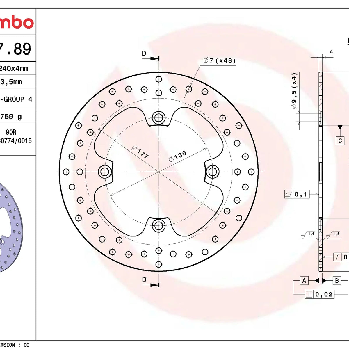Brembo Serie Oro achterremschijf 240 x 4,0 mm 68B40789