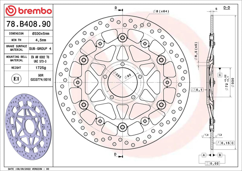 Brembo Serie Oro voorremschijf 330 x 5,0 mm Ducati 78B40890