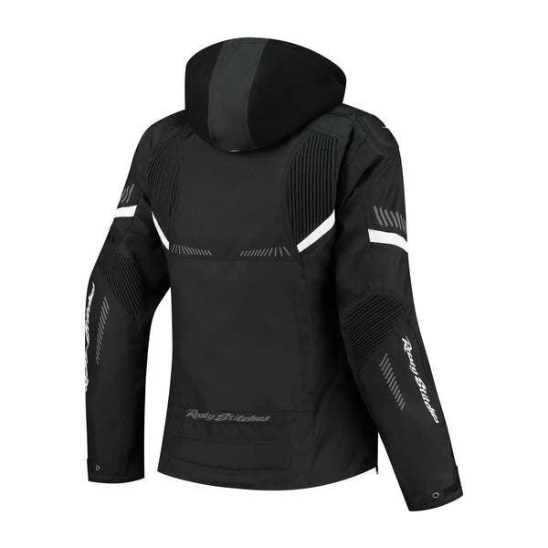 Rusty Stitches Taylor Damen Motorradjacke Schwarz Weiß AA Wasserdicht Mit Protektoren